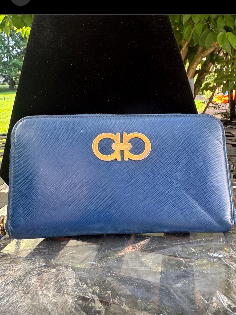 Salvatore Ferragamo Navy Blue Saffiano Zip Wallet with Gold Gancini